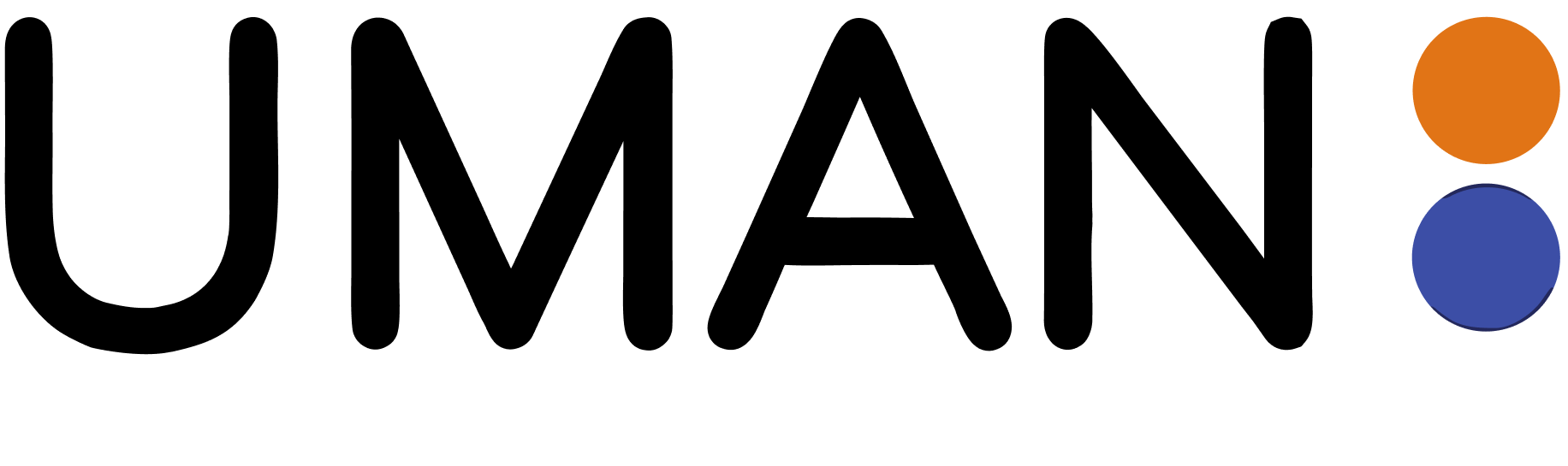 Uman logo with the brand name in black text and two aligned circles on the right, one orange on top and one blue below.