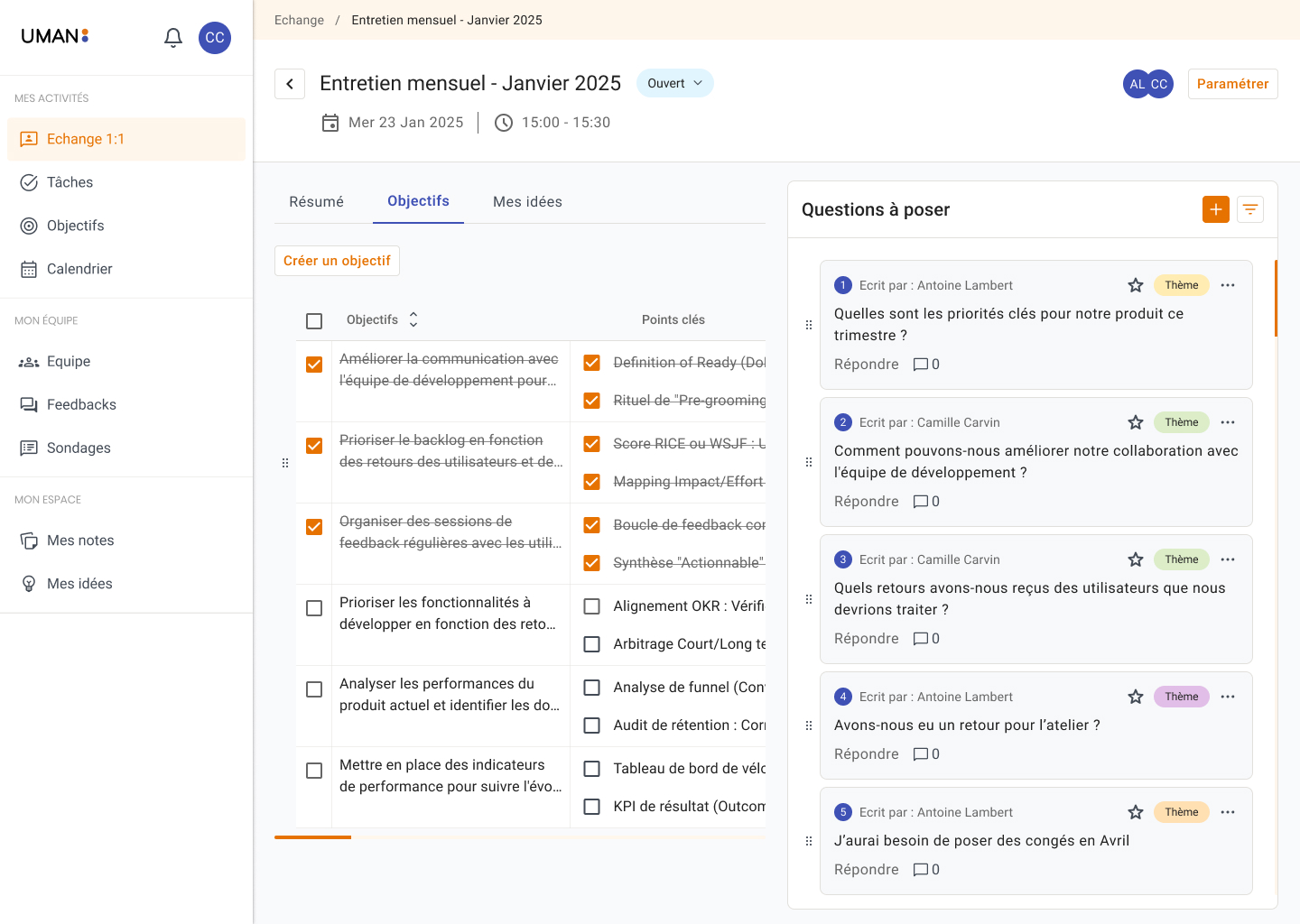 Interface of a French productivity app showing a monthly review for January 2025 with a list of completed and pending objectives and key points, plus a sidebar of questions to ask.