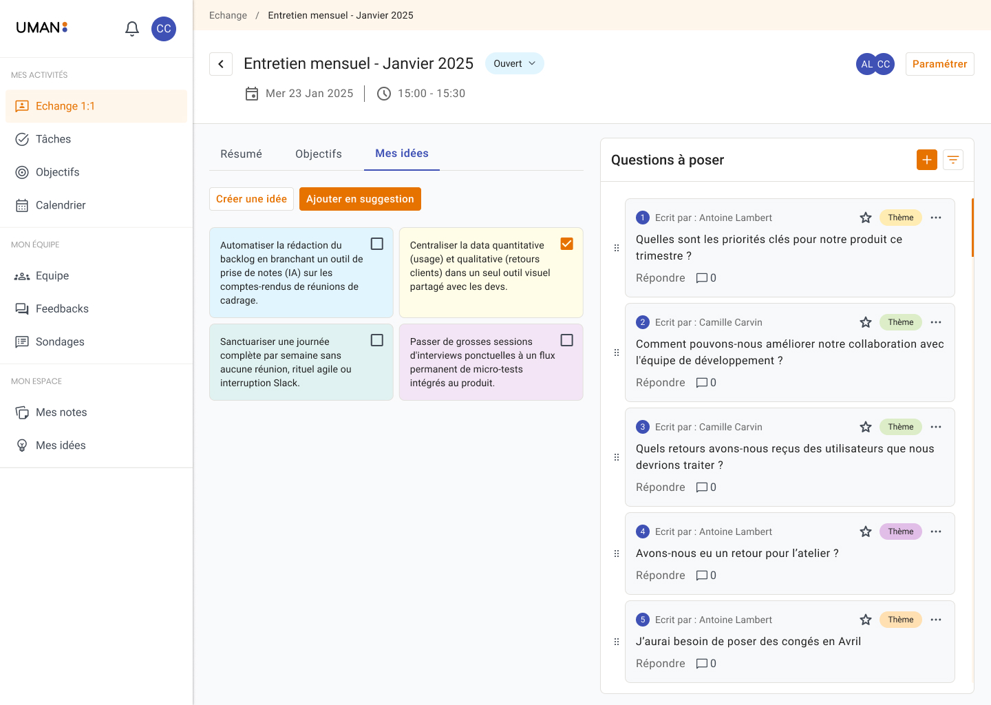 Dashboard of a January 2025 monthly meeting with sections for activities, team, notes, ideas including tasks and questions to ask about product priorities and collaboration.