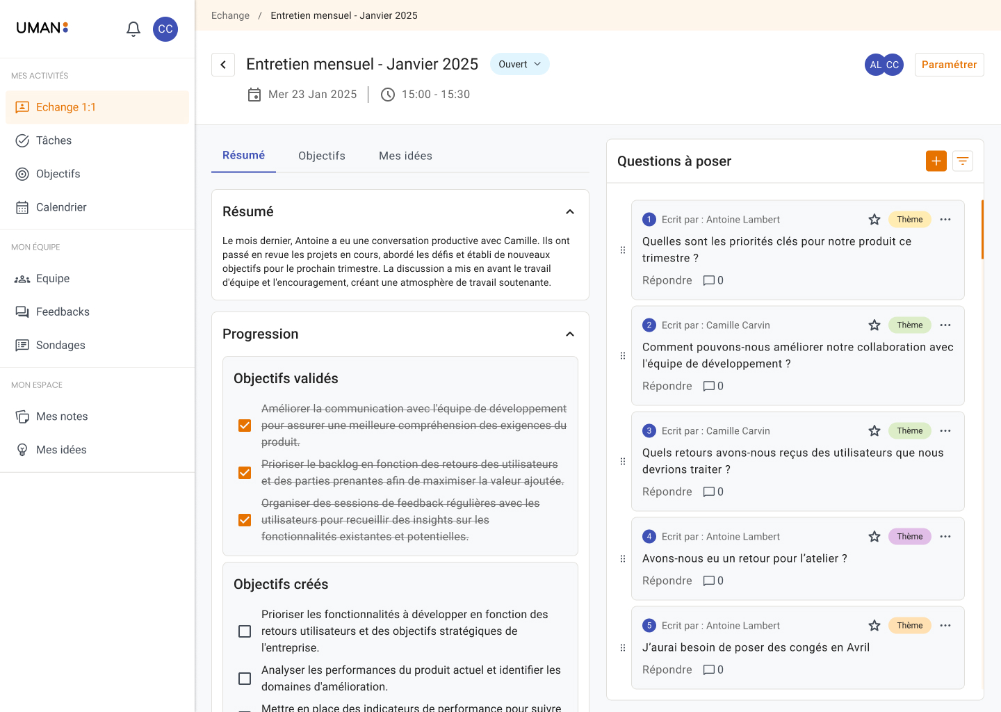 Dashboard of a monthly meeting in January 2025 with summary, validated and created objectives, and a list of questions to ask team members.