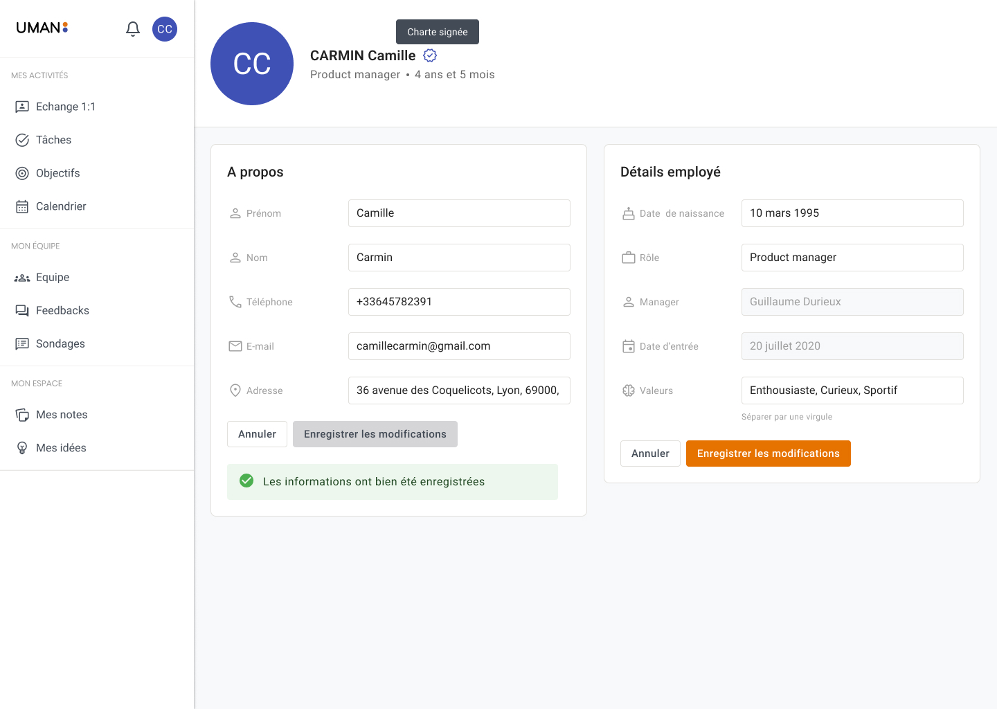 User profile page for Camille Carmin, Product Manager with 4 years 5 months experience, showing personal and employee details including birthdate, phone, email, address, manager, and values.