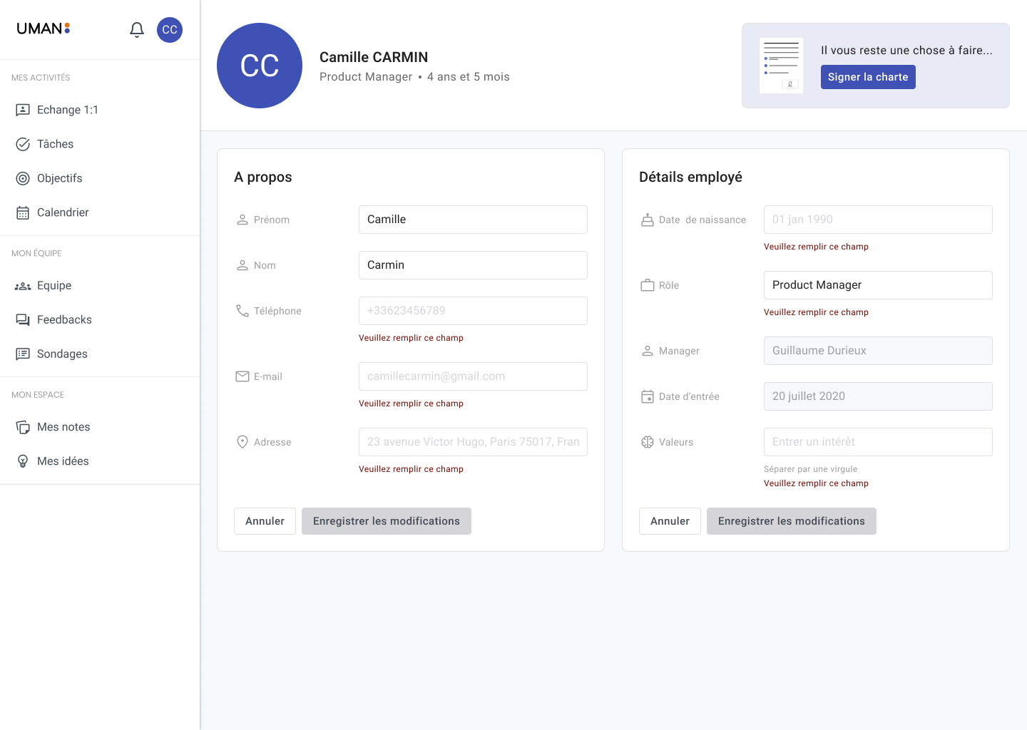 User profile interface showing Camille Carmin as Product Manager with fields for personal and employee details, some requiring input.
