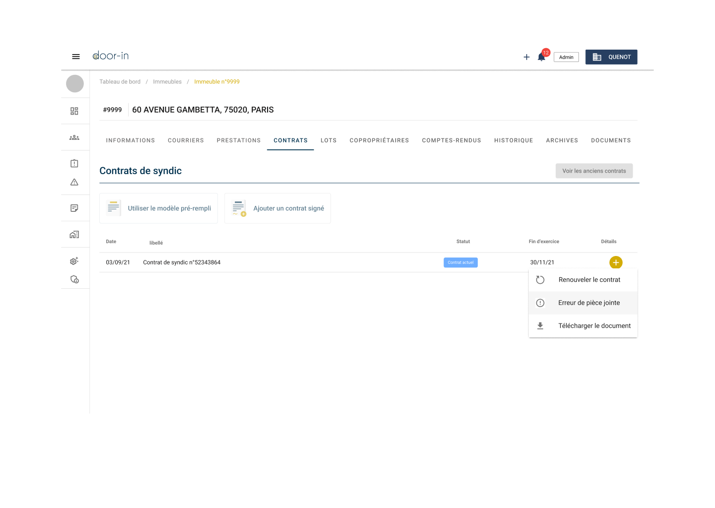 Web app interface showing syndic contracts for 60 Avenue Gambetta, Paris, with options to renew contract, report attachment error, or download document.
