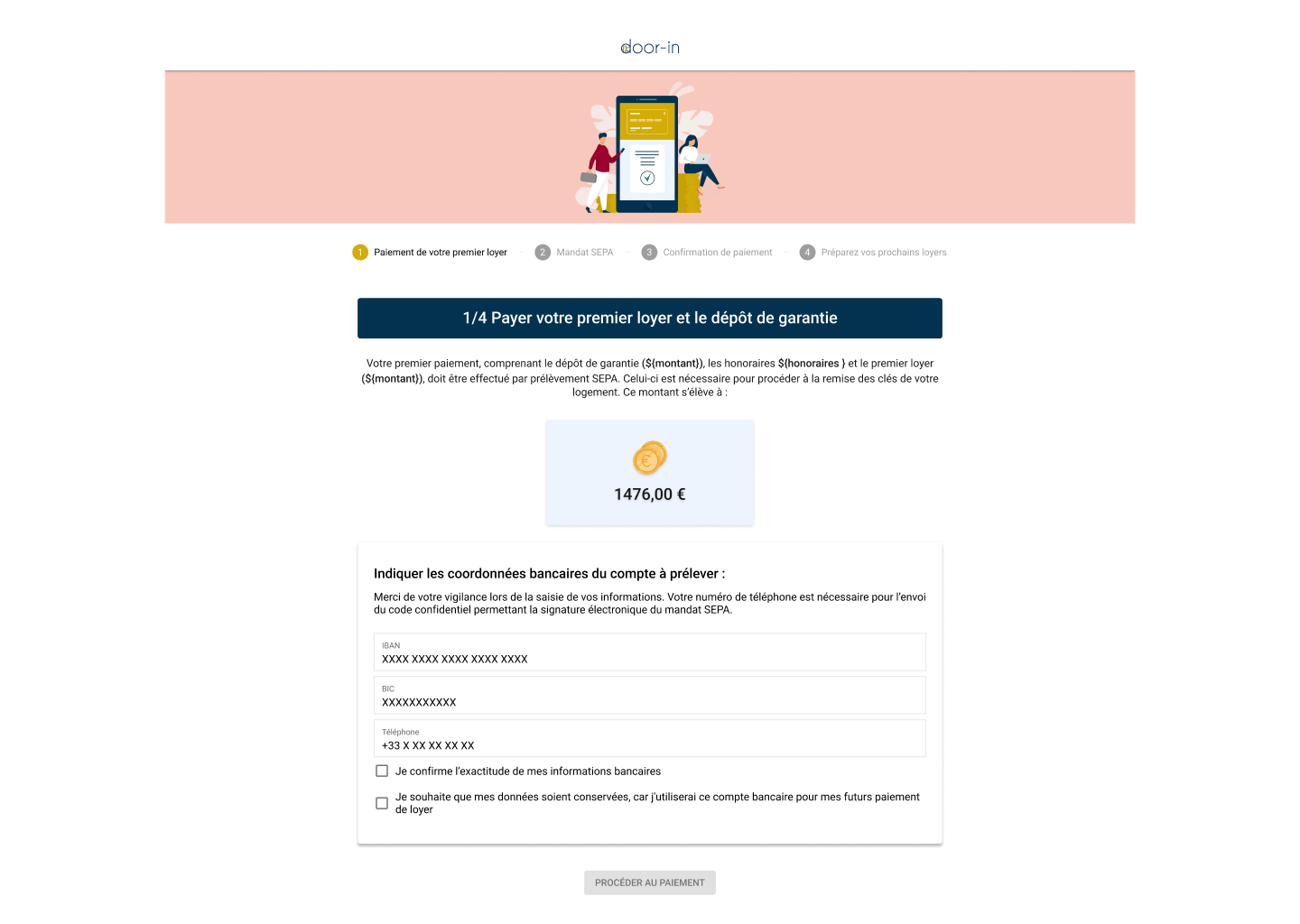 Online payment form for first rent and deposit showing amount of 1476 euros and fields for IBAN, BIC, and phone number with confirmation checkboxes in French.