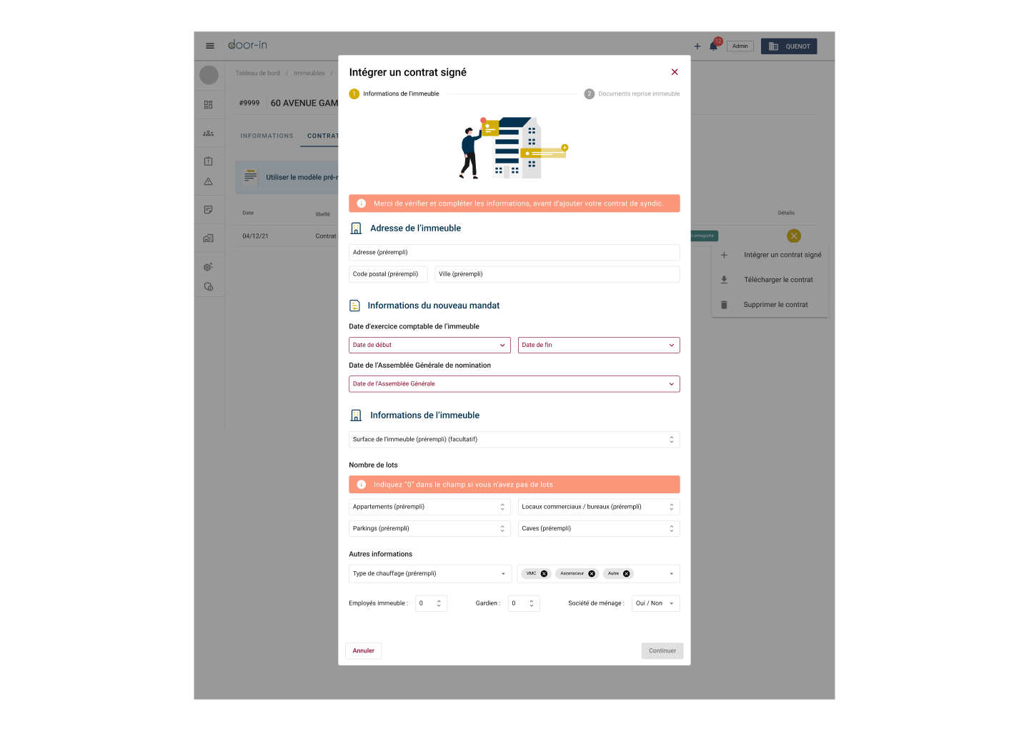 Interface for integrating a signed contract with fields for building address, new mandate details, building information, lot numbers, and other details with options to cancel or continue.