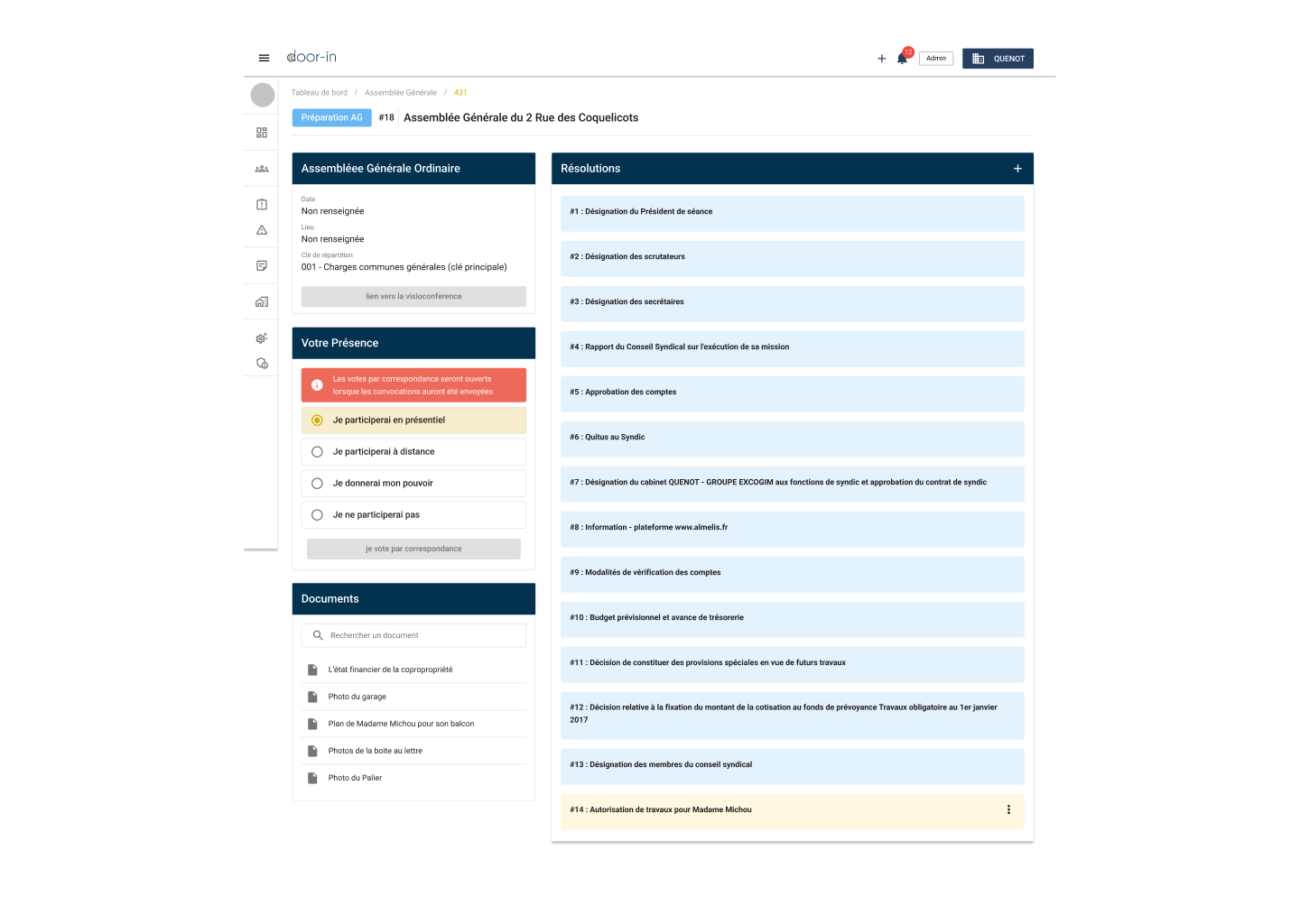 Dashboard screen showing preparation for a general assembly at 2 Rue des Coquelicots with sections for meeting details, attendance options, document search, and a list of resolutions including authorizations and approvals.