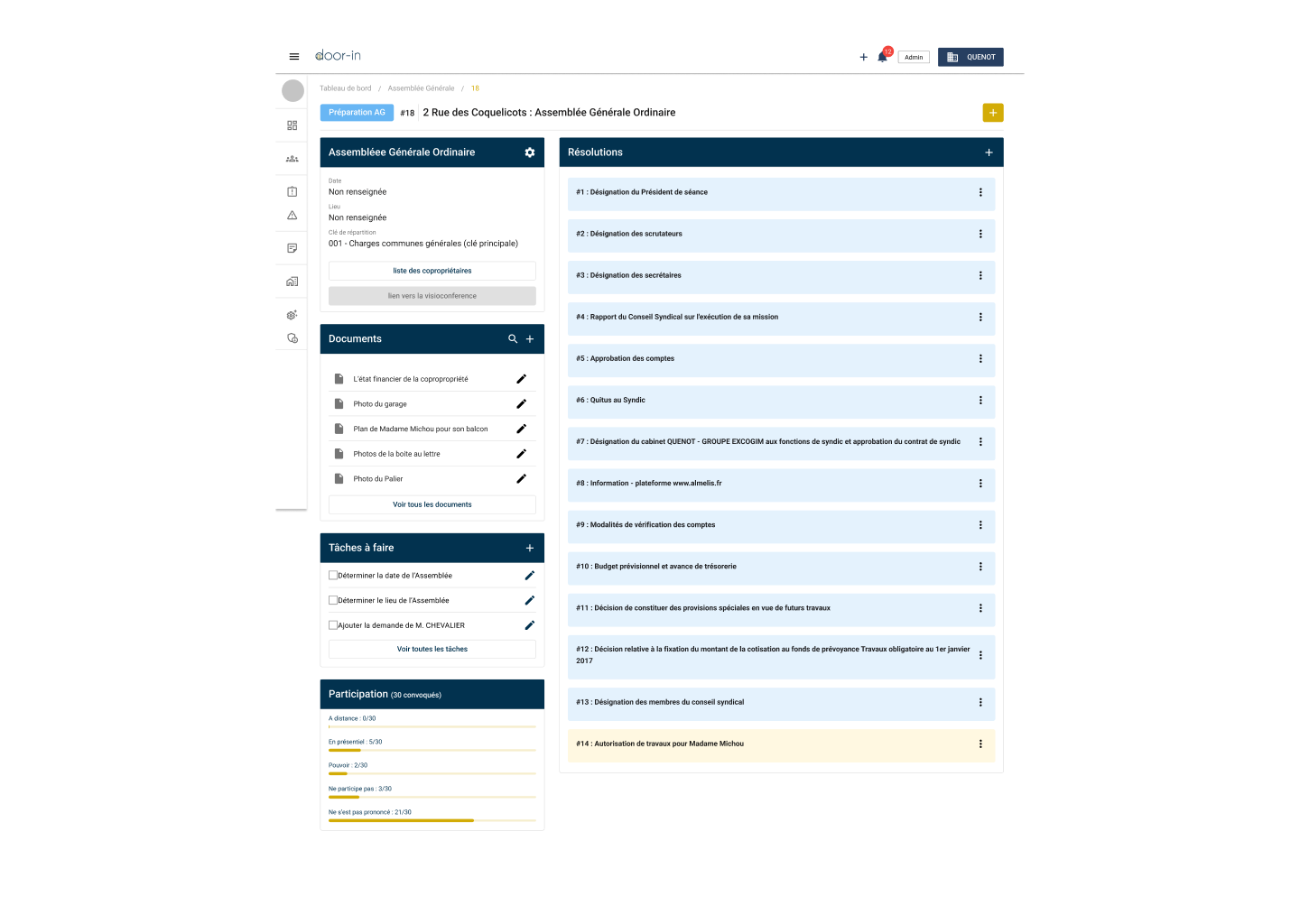 Dashboard for managing a general assembly meeting, showing sections for Assembly details, documents list, tasks to do, participant stats, and resolutions to be addressed.