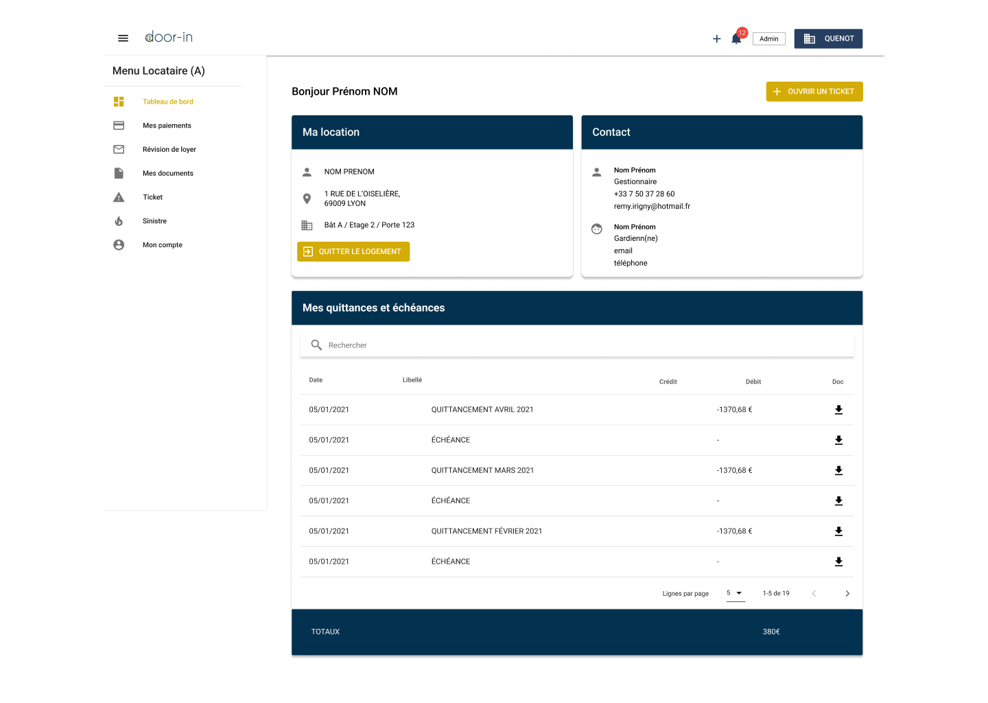 Tenant dashboard showing rental details, contact information, payment receipts, and options to leave the apartment or open a support ticket.