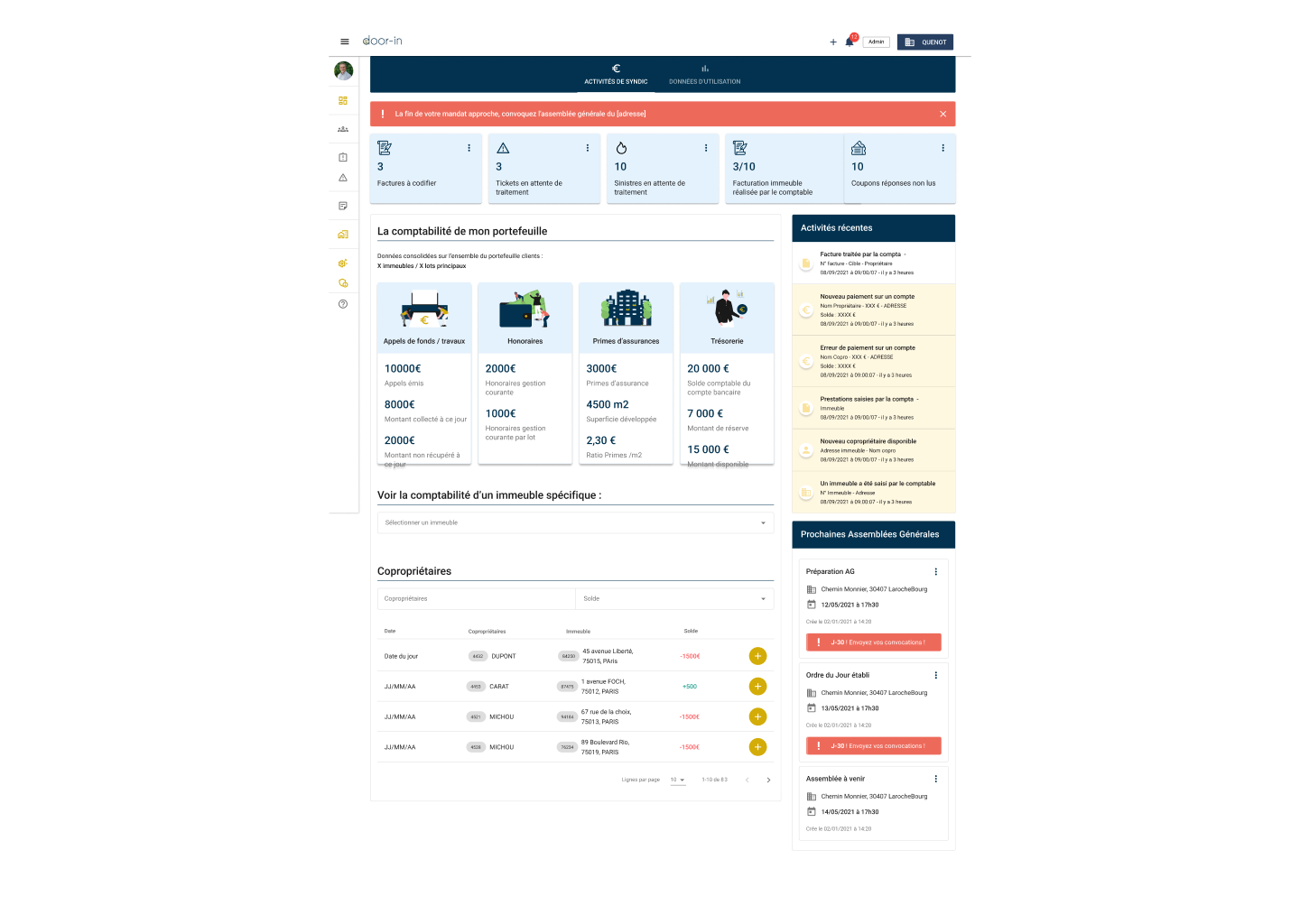 Dashboard interface in French showing accounting summary, recent activities, upcoming meetings, and a list of co-owners with balances.