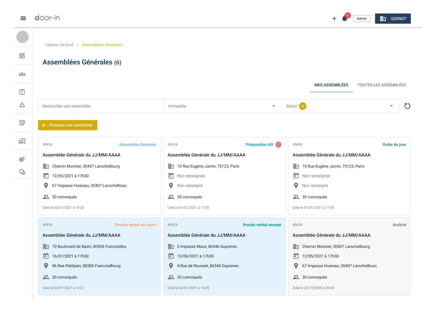 Dashboard interface showing six general assembly cards with details like address, date, time, and number of attendees.