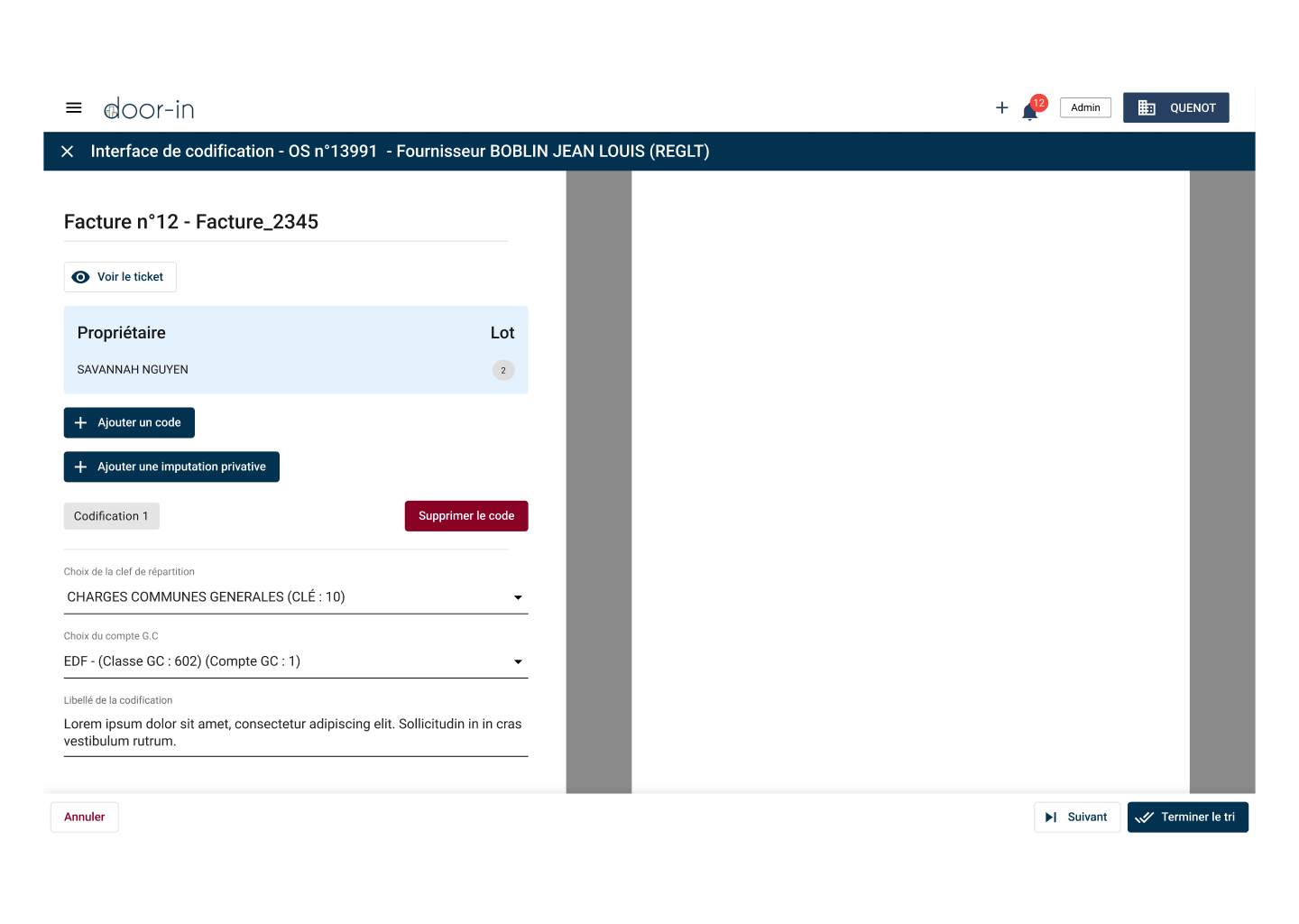 Invoice coding interface showing invoice number 12 for supplier Jean Louis Boblin, with owner Savannah Nguyen, options to add or delete codes, and selections for distribution key and account.