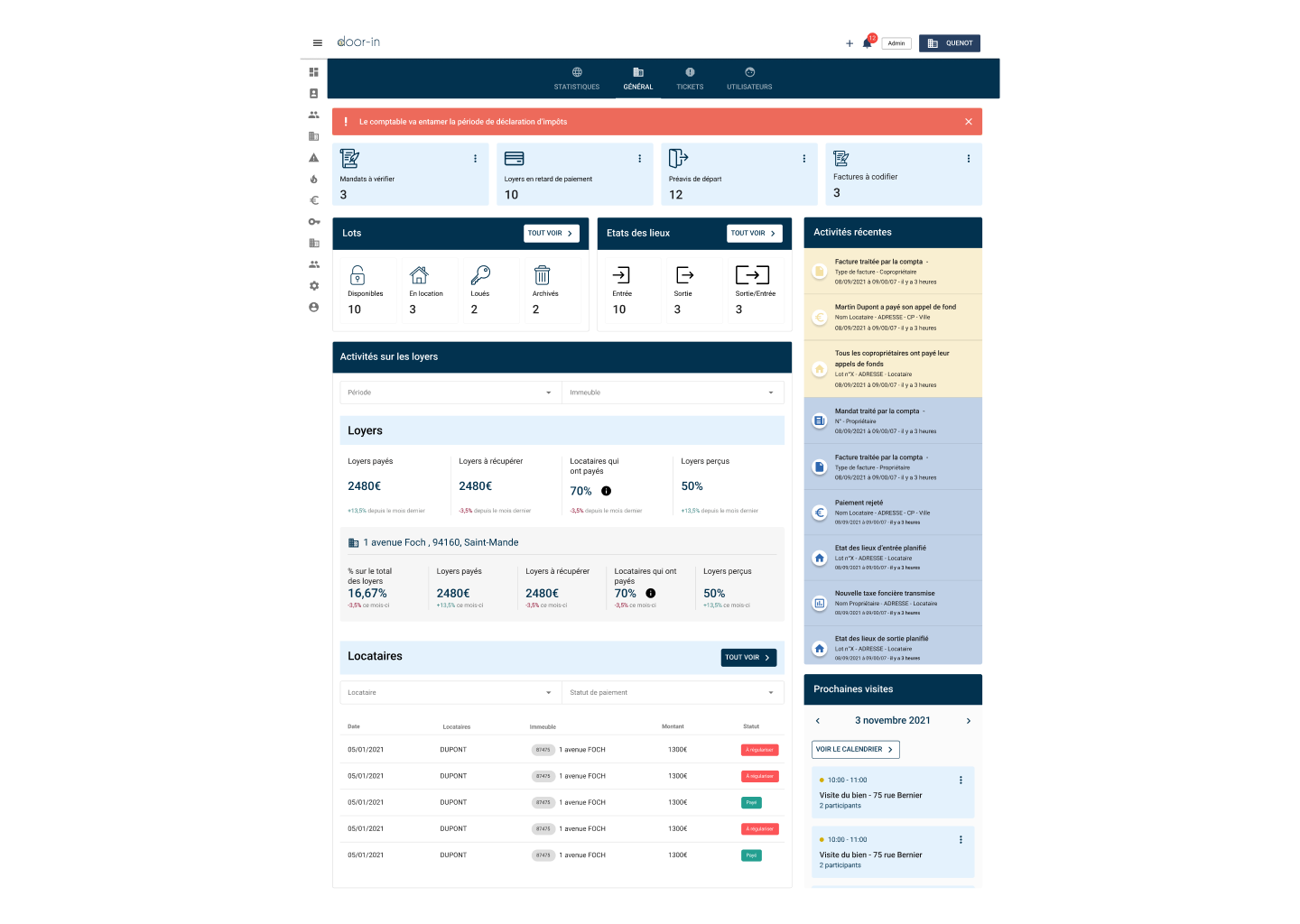 Dashboard interface of door-in property management showing rent activities, lease statuses, recent activities, and upcoming visits in French.