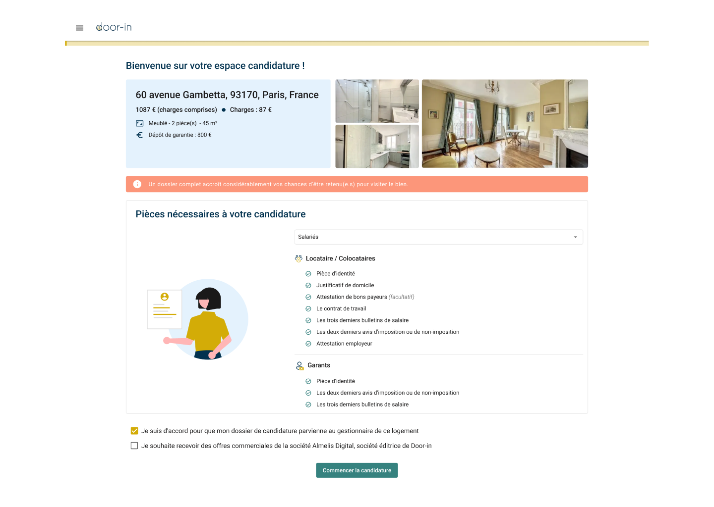 Online rental application form for 60 avenue Gambetta, Paris, showing property details, required documents for tenants and guarantors, and consent checkboxes.