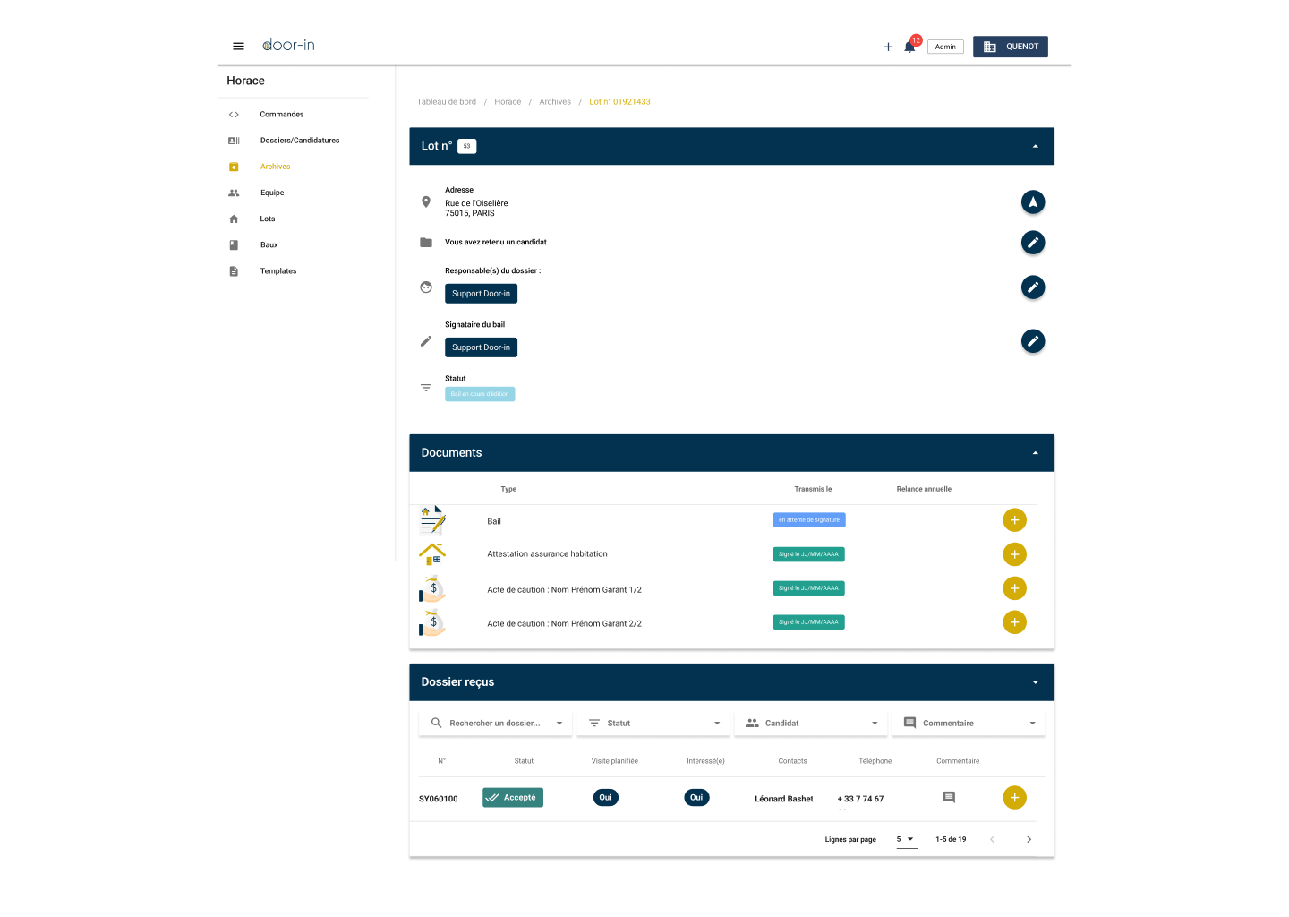 Dashboard interface showing property lot details, documents status with icons, and a received files table including candidate information and contact details.