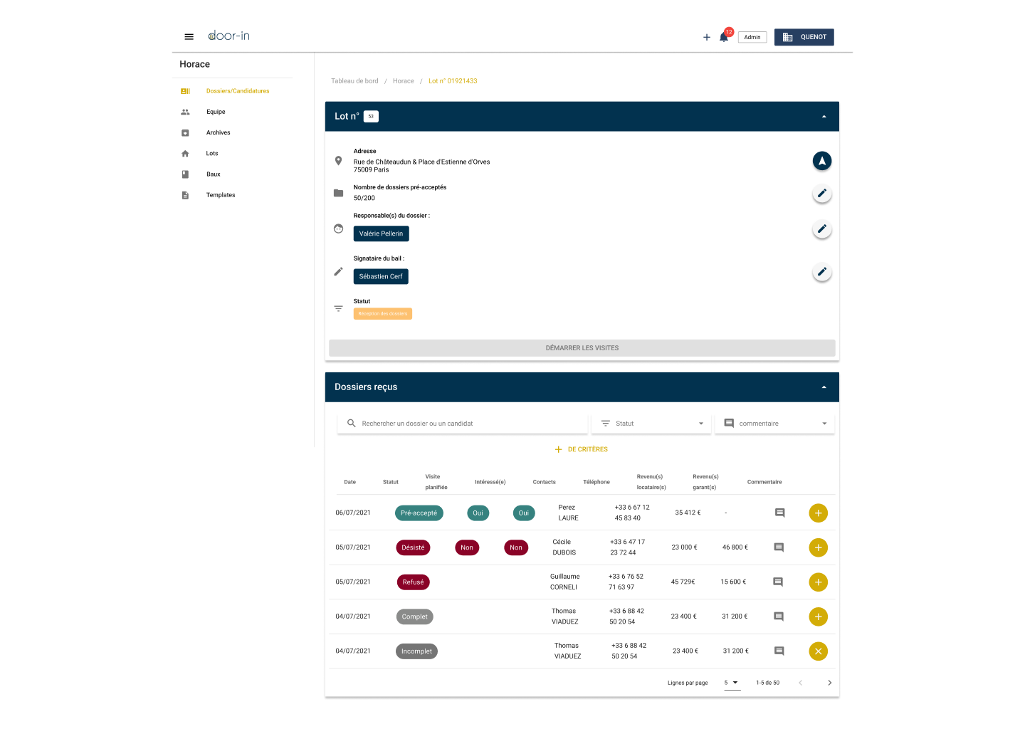Dashboard interface showing property lot details with address, dossier counts, responsible persons, and a list of received applications including status, planned visits, contacts, and comments.