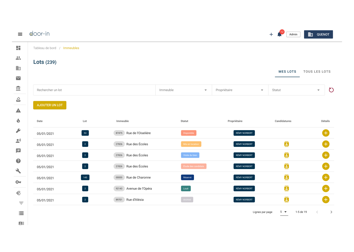 Dashboard page showing a table of property lots with columns for date, lot number, building, status, owner Rémy Norbert, applications, and detail buttons.