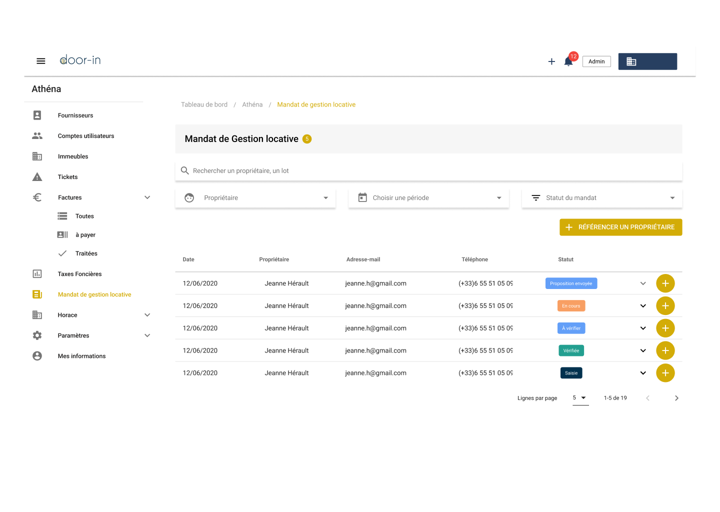 Dashboard interface showing a property management mandate list with owner Jeanne Hérault, email, phone, and various status labels.