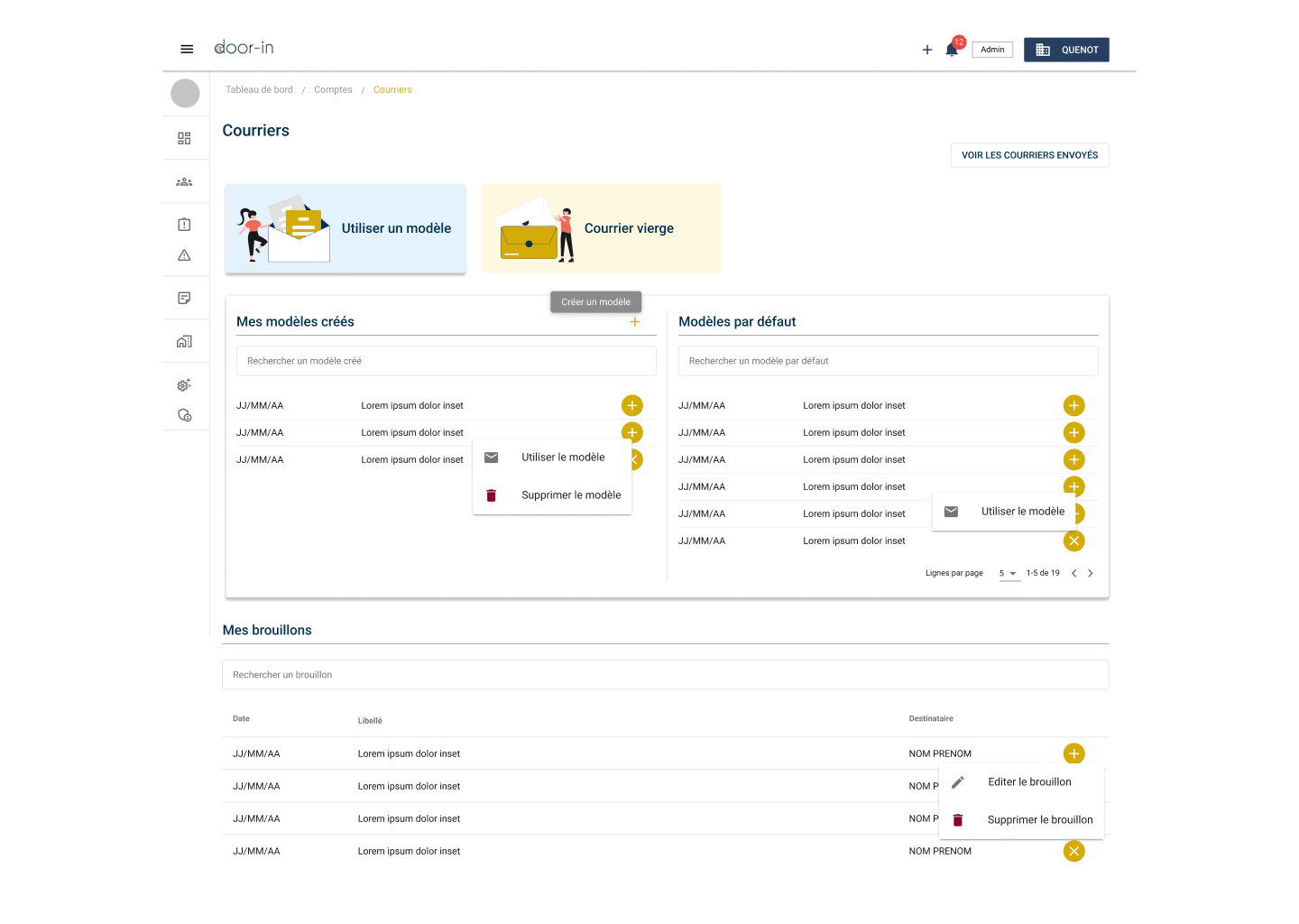 Dashboard interface of a French mail management app showing sections for created templates, default templates, and drafts with options to use, edit, or delete.