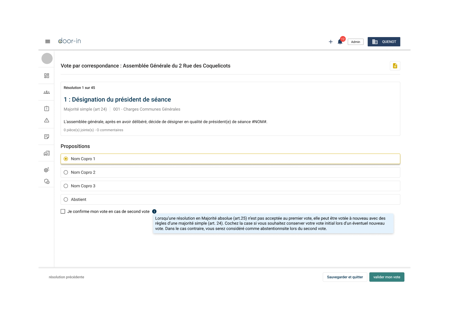 Online voting interface in French for designating the session president at a general assembly, showing four voting options and a confirmation checkbox for a second vote.