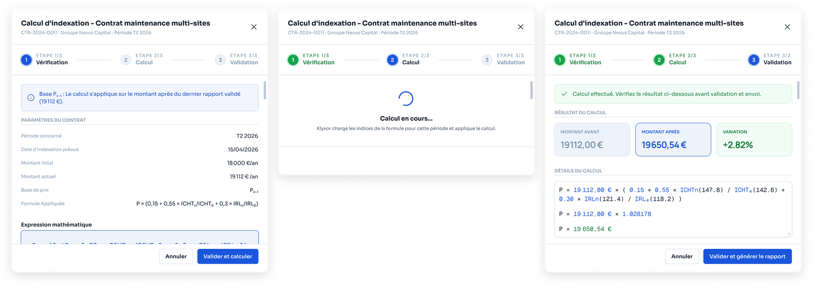 Calcul d'indexation Klyxor en 3 étapes : vérification des paramètres, calcul, validation du résultat détaillé.