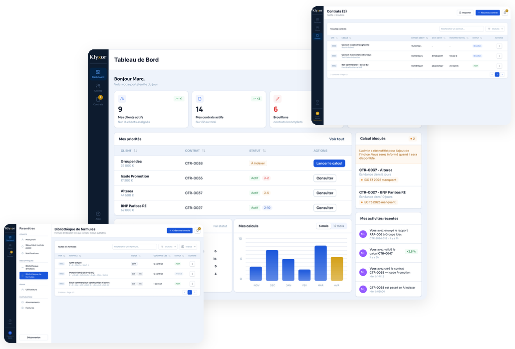 Collage de captures de la plateforme Klyxor : dashboard, liste des contrats et bibliothèque de formules.