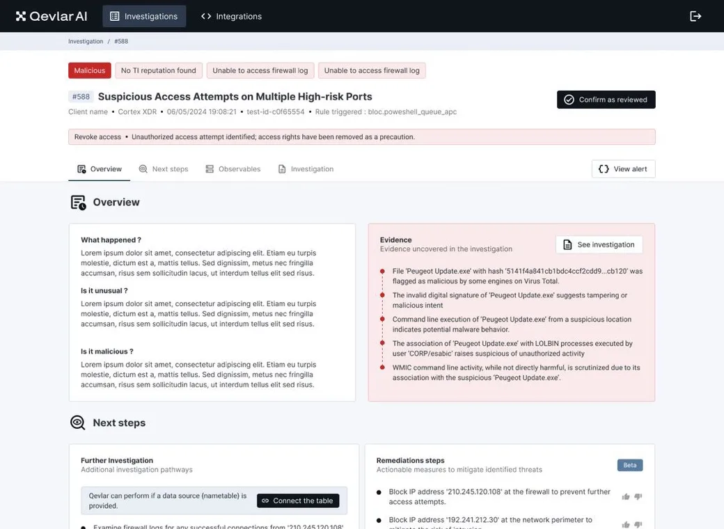 Qevlar AI après : détail d'investigation avec statuts, preuves et prochaines étapes hiérarchisés
