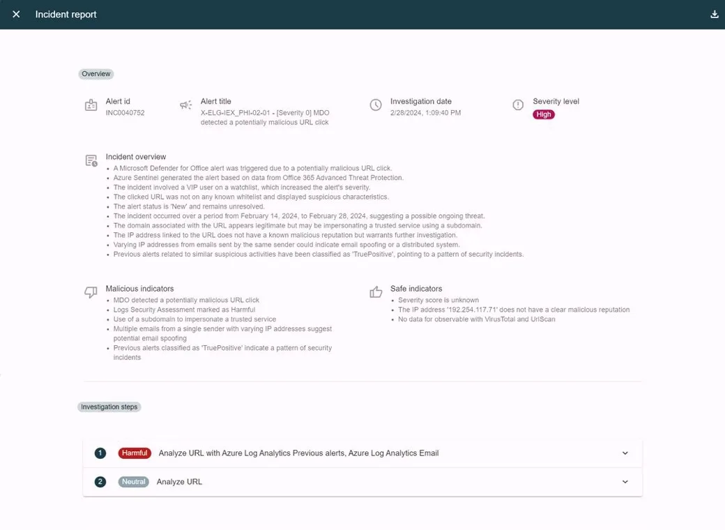 Qevlar AI avant : rapport d'incident en longue liste de texte, sans hiérarchie